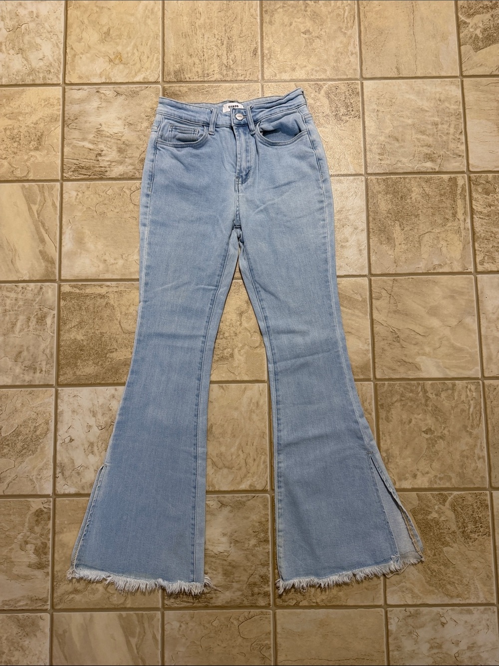 High-Rise Light Wash Flare Jeans with Frayed Hem